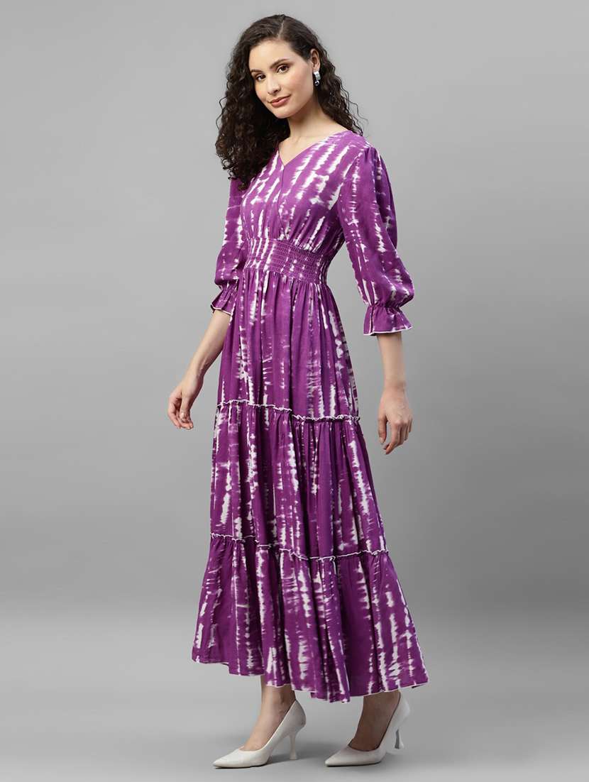 women tie & dye printed puff sleeve tiered dress