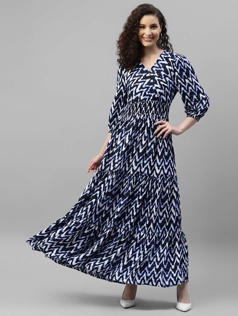 women printed puff sleeve tiered dress