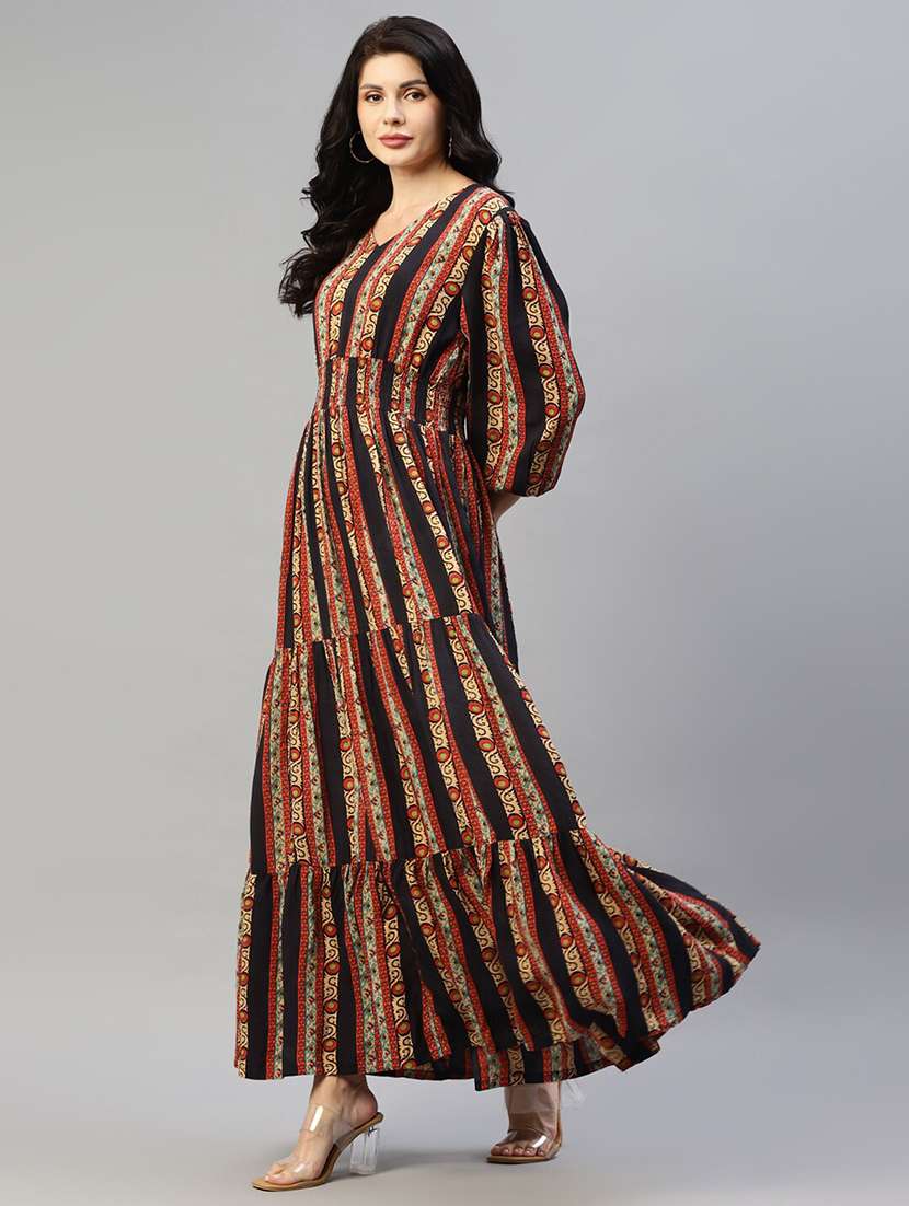 women printed puff sleeve tiered dress