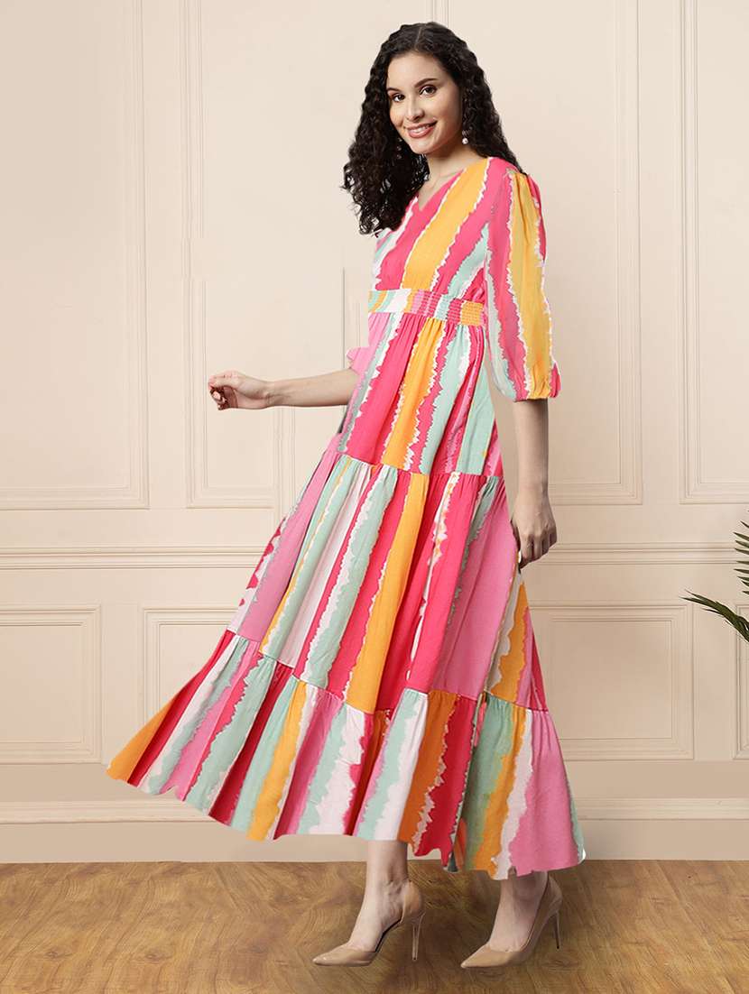 women printed puff sleeve tiered dress
