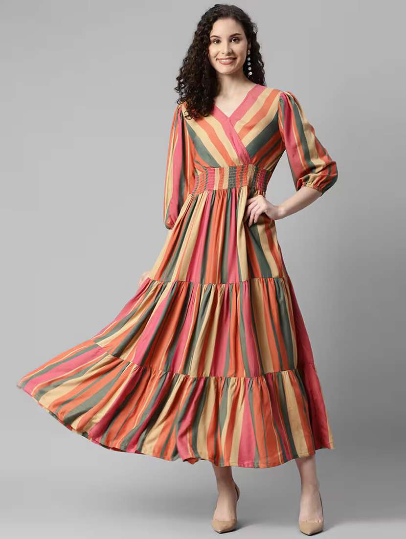 women printed puff sleeve tiered dress