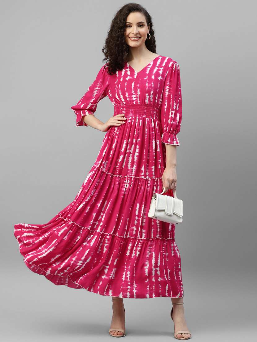 women tie & dye printed puff sleeve tiered dress