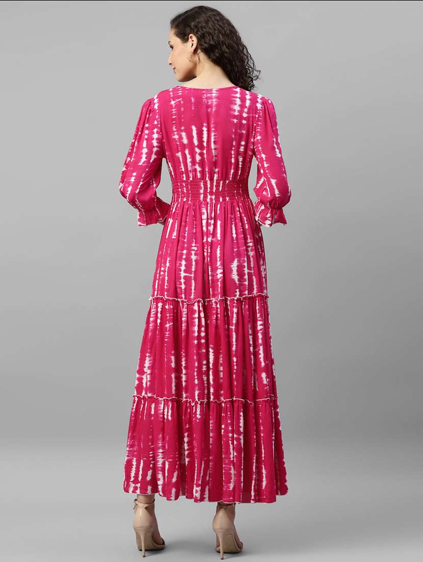 women tie & dye printed puff sleeve tiered dress - 22106182 -  Standard Image - 2