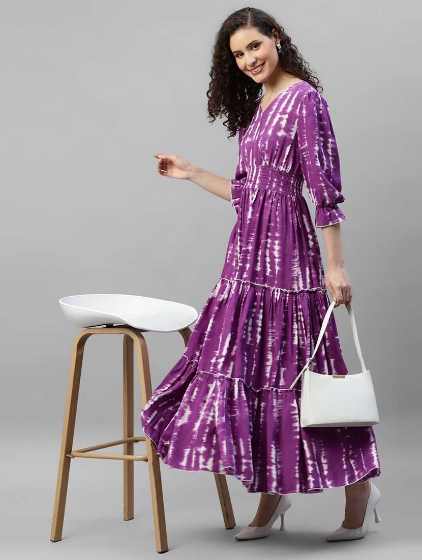 women tie & dye printed puff sleeve tiered dress