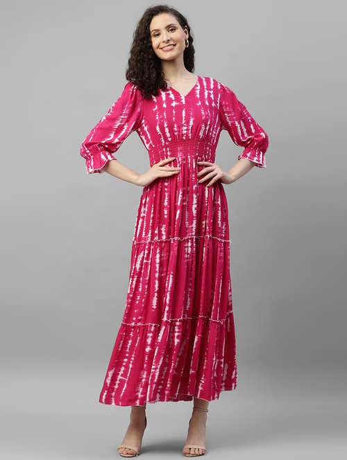 women tie & dye printed puff sleeve tiered dress - 22106187 -  Standard Image - 0