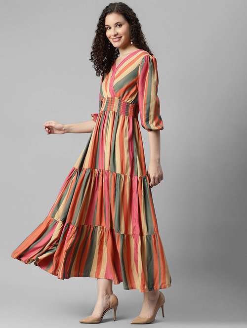 women striped puff sleeve tiered dress - 22106212 -  Standard Image - 0