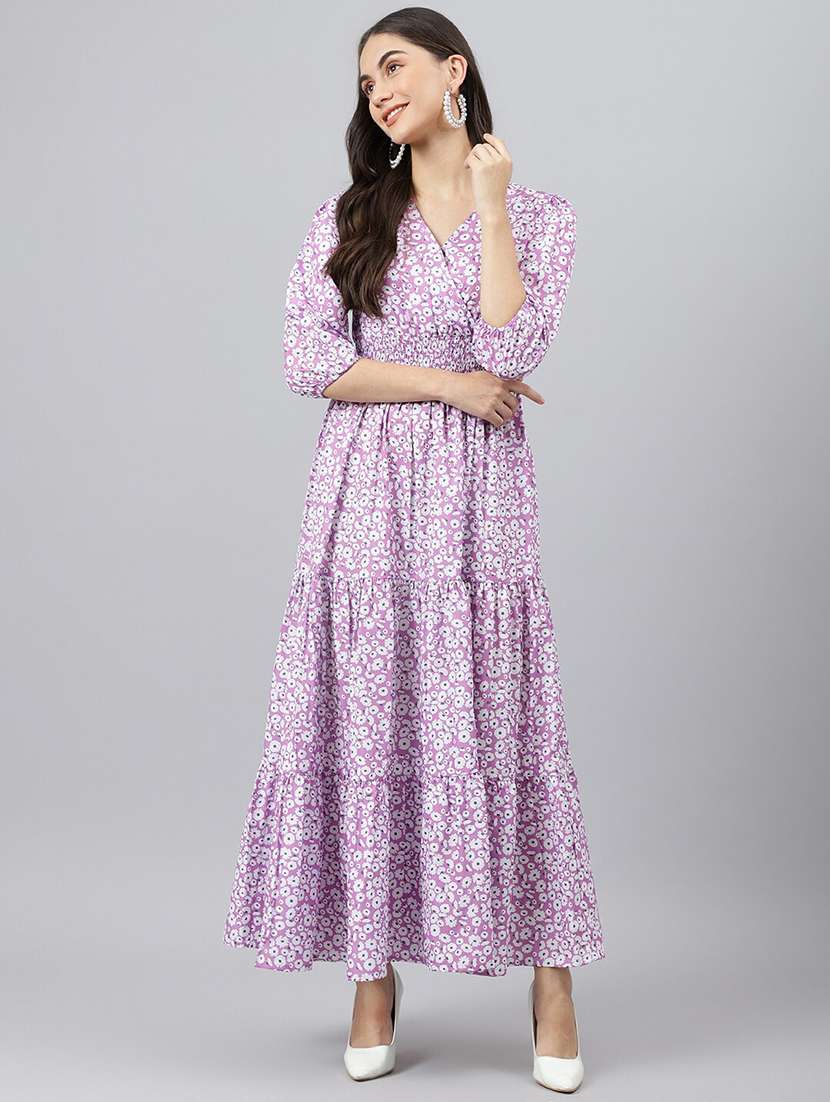 women floral printed puff sleeve tiered dress