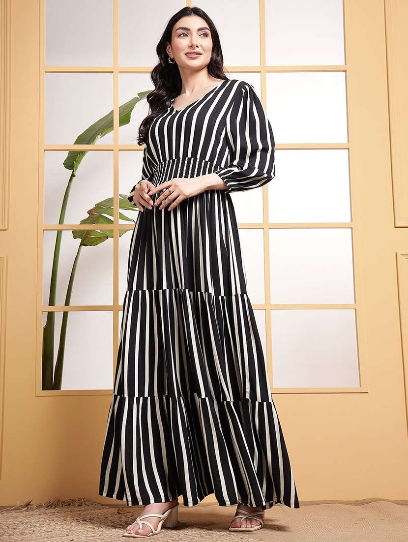 women striped puff sleeve tiered dress