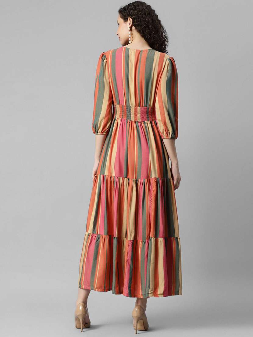 women striped puff sleeve tiered dress - 22106221 - Standard Image - 2