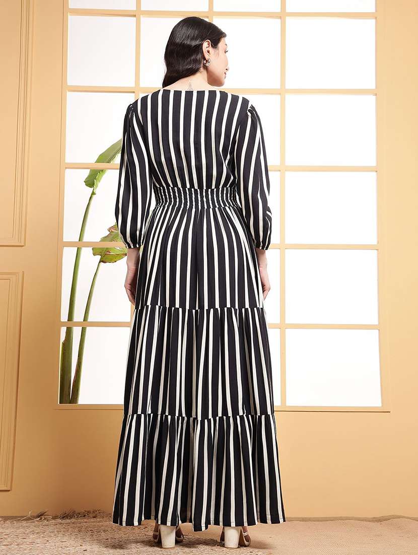 women striped puff sleeve tiered dress - 22106224 - Standard Image - 2