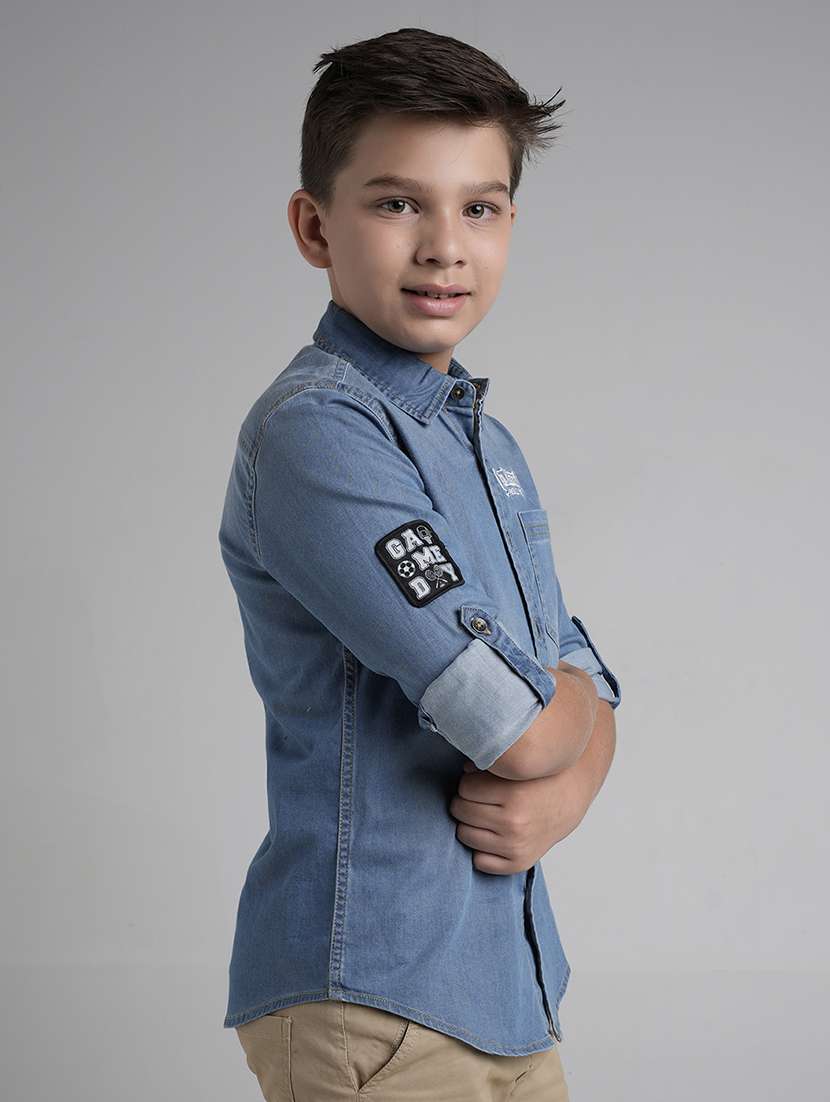 boys solid long sleeve collared denim shirt - 22106320 -  Standard Image - 2