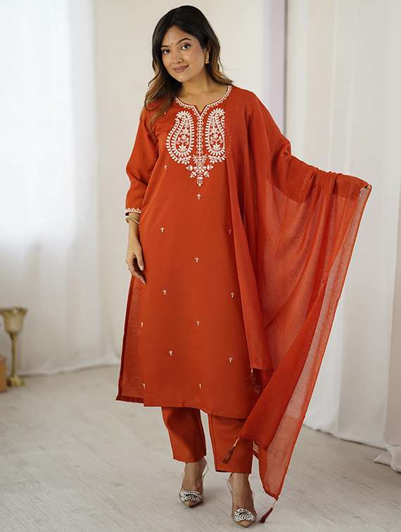 women embroidered three quarter sleeve kurta pant with dupatta set