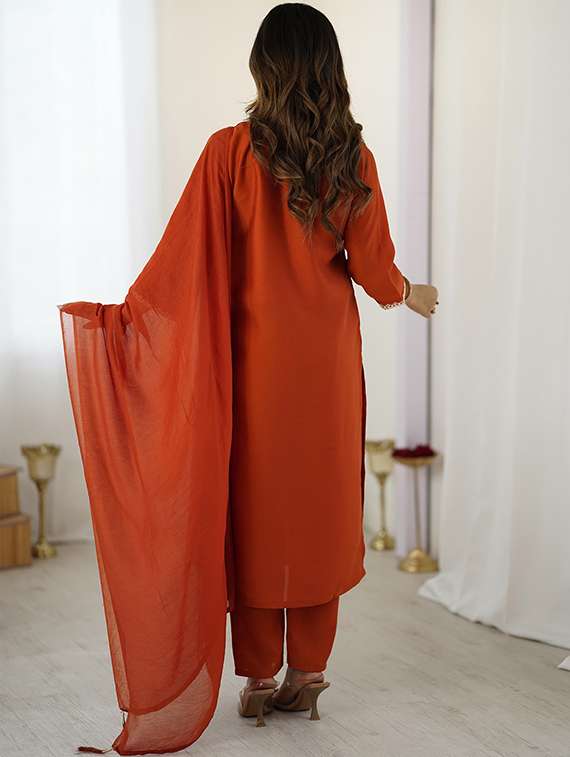 women embroidered three quarter sleeve kurta pant with dupatta set - 22106383 -  Standard Image - 2