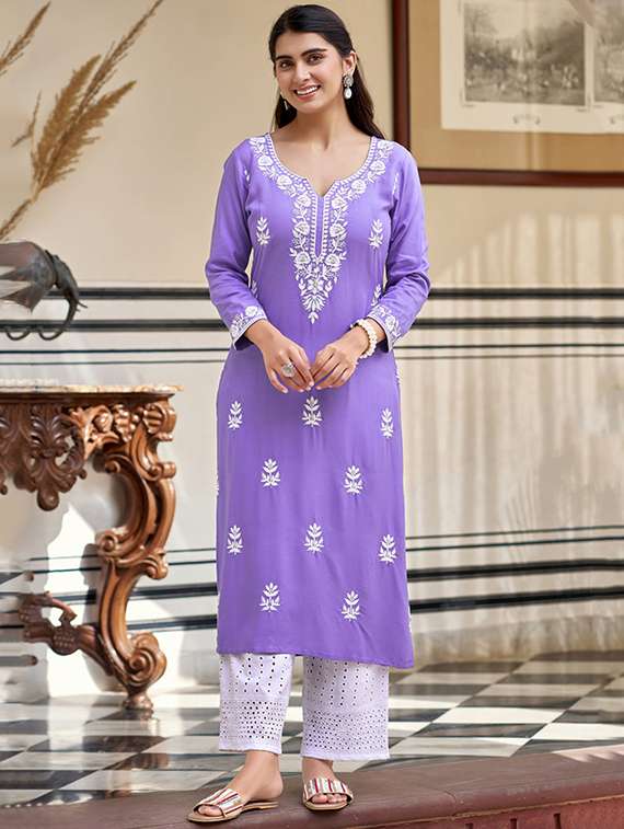 women three quarter sleeve straight chikankari  kurta