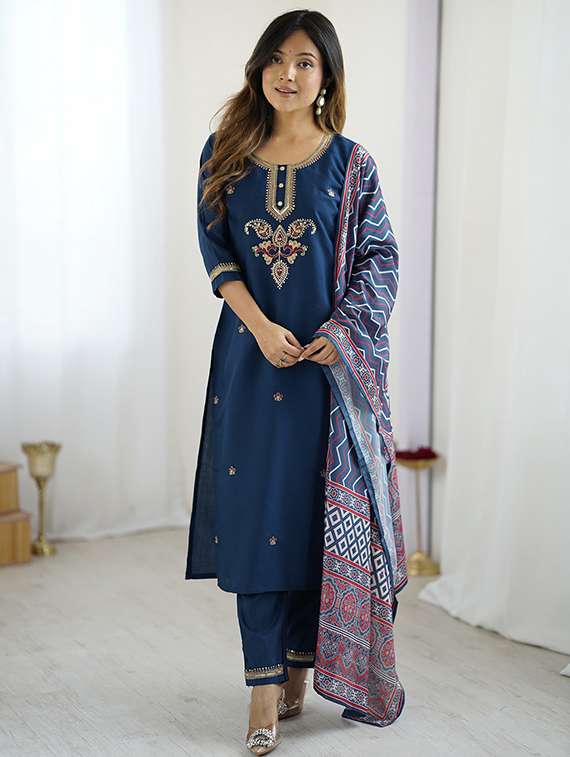women embroidered three quarter sleeve kurta pant with dupatta set