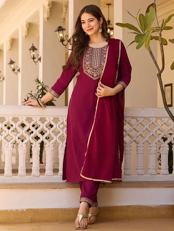 women embroidered three quarter sleeve kurta pant with dupatta set - 22106386 -  Standard Image - 2