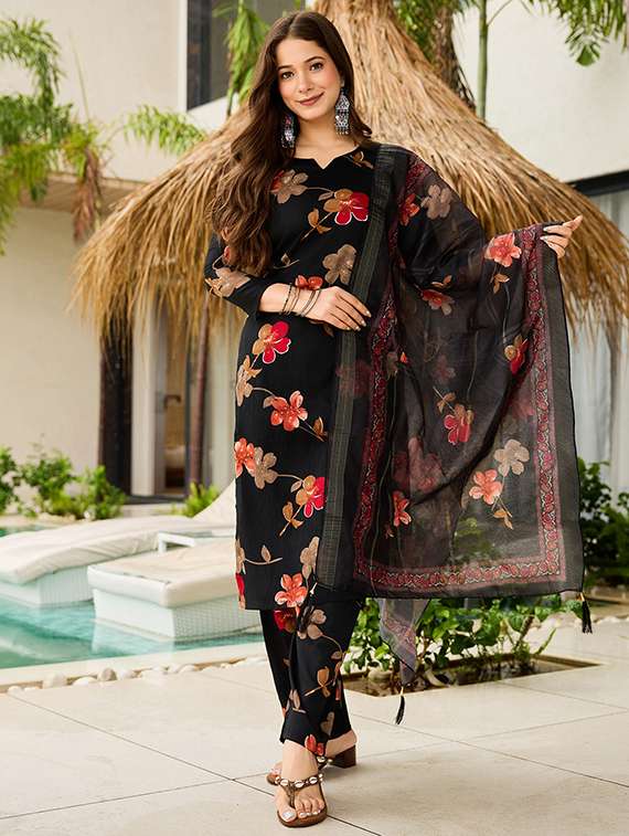women floral three quarter sleeve kurta pant with dupatta set - 22106400 - Standard Image - 2