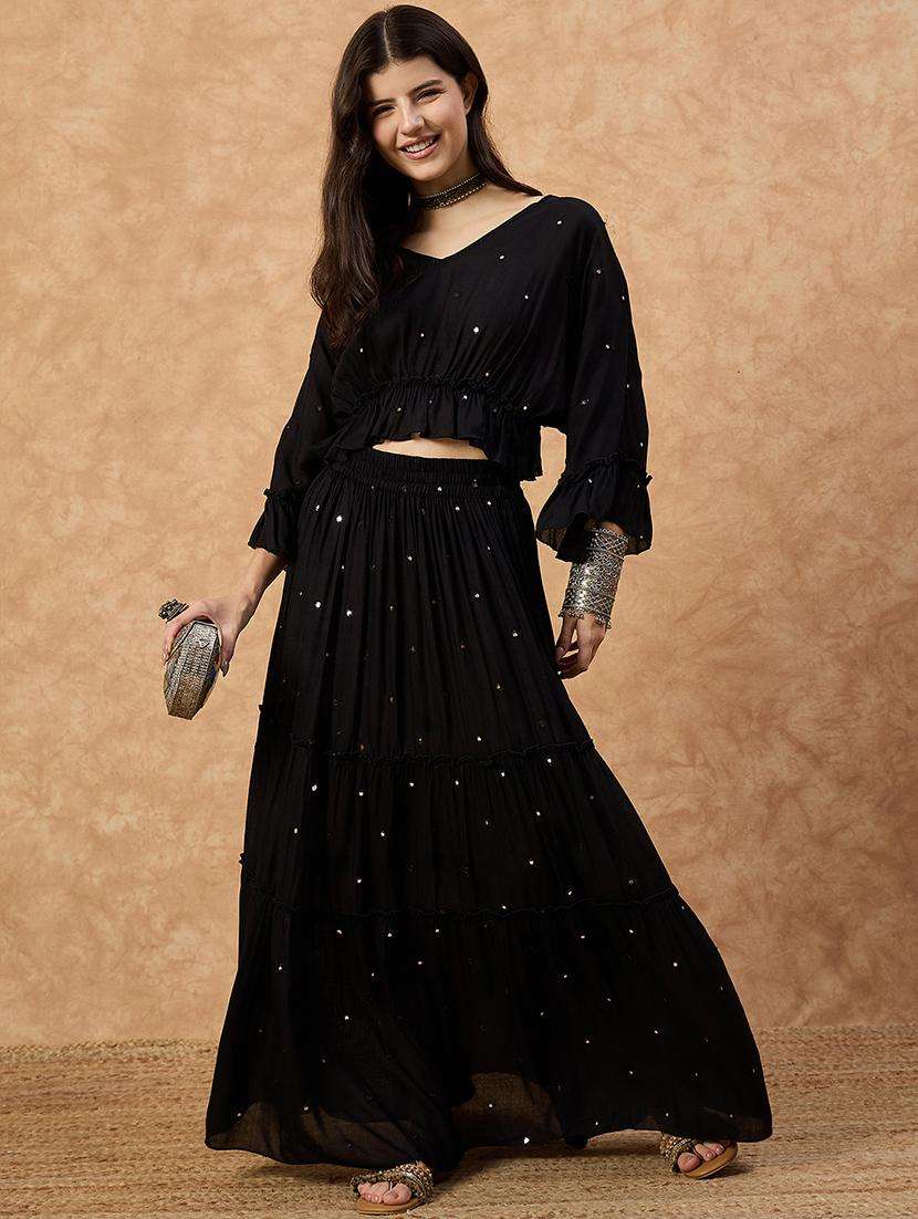 women solid with work skirt & top ethnic co-ord set