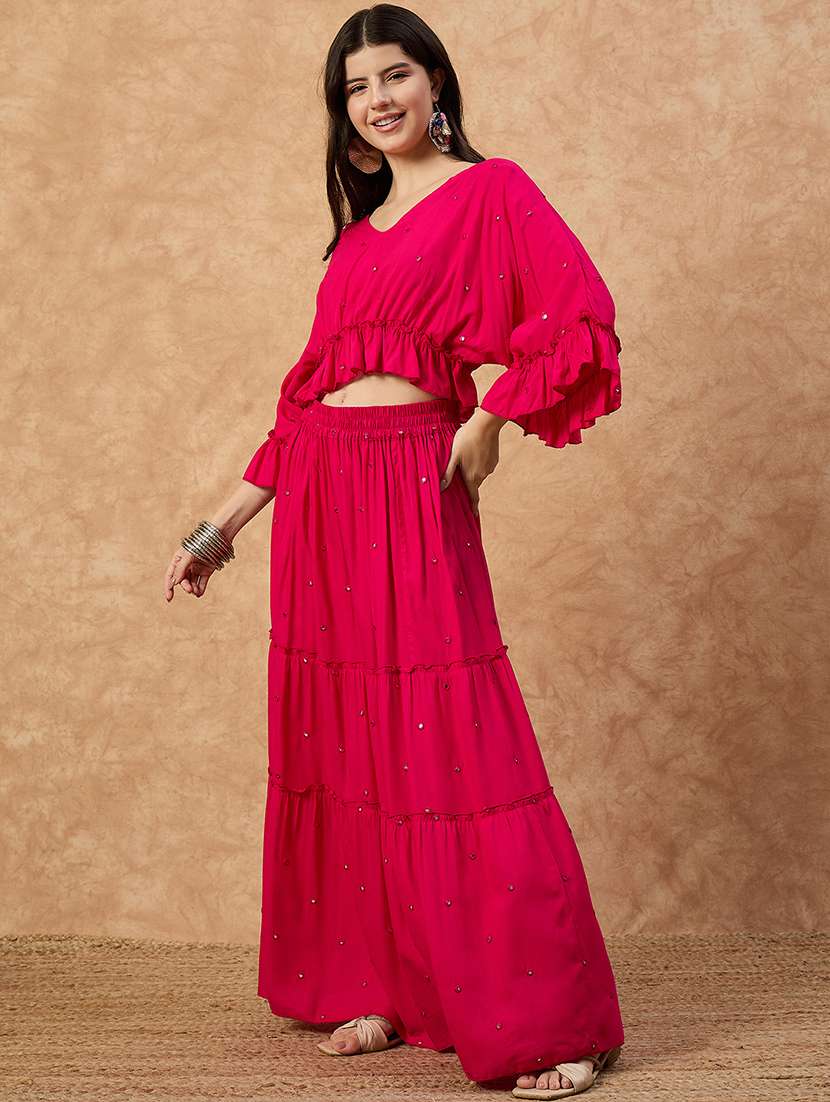 women solid with work skirt & top ethnic co-ord set - 22107693 - Standard Image - 2