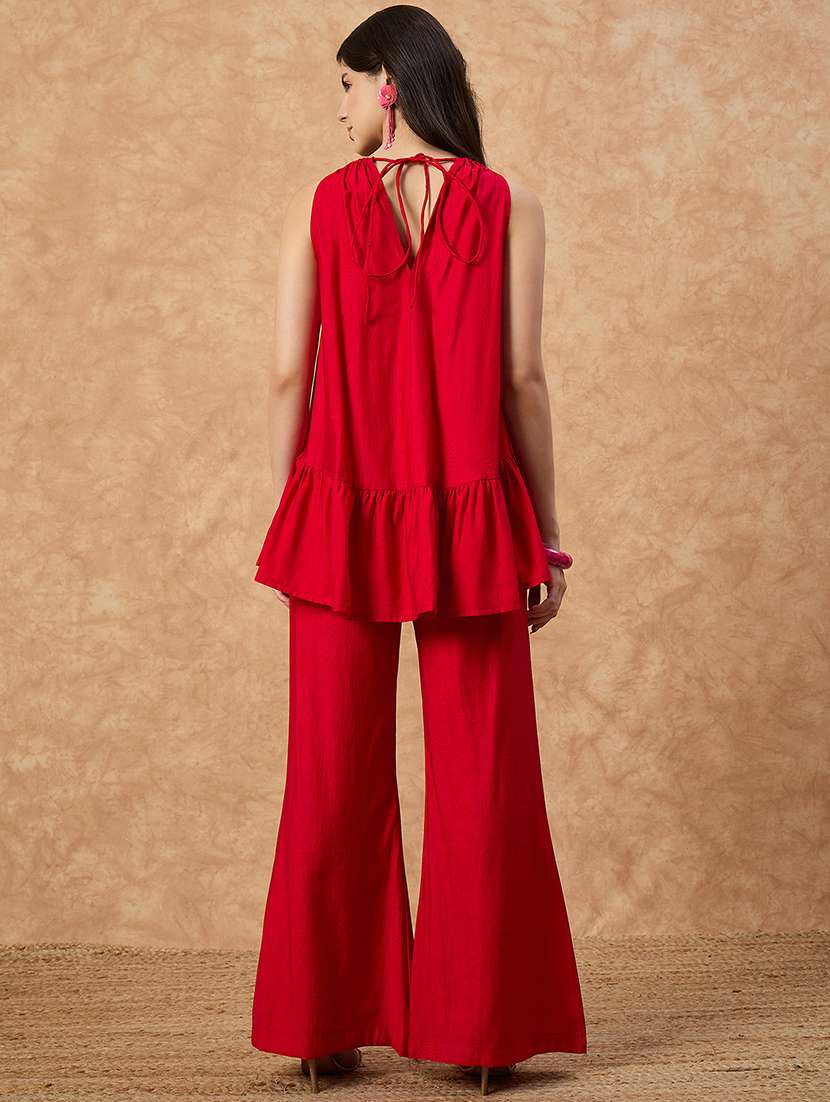 women solid halter neck top & trouser co-ord set - 22107695 - Standard Image - 2