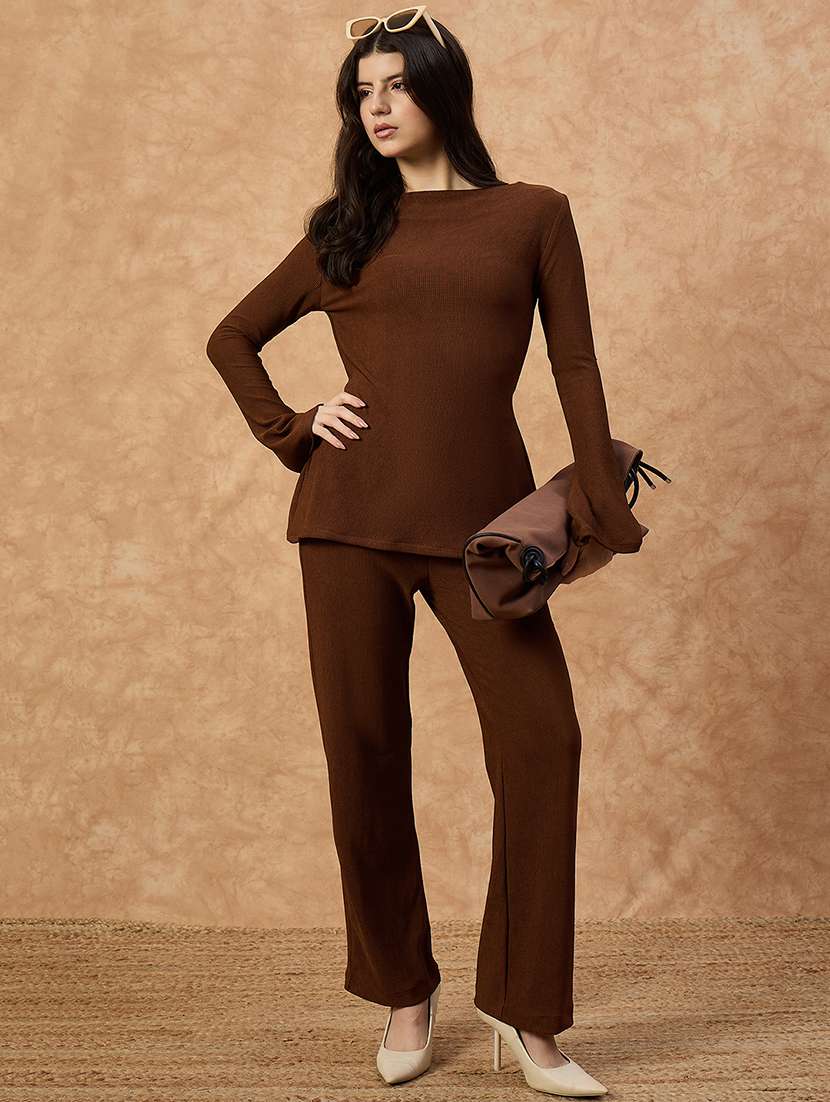 women solid round neck top & trouser co-ord set - 22107697 - Standard Image - 2