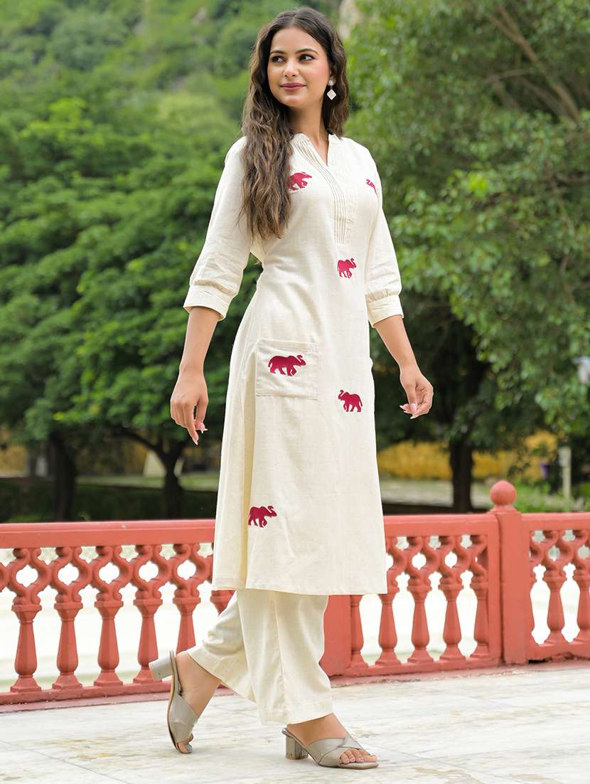 women embroidered three quarter sleeve kurta pant set - 22107795 -  Standard Image - 2