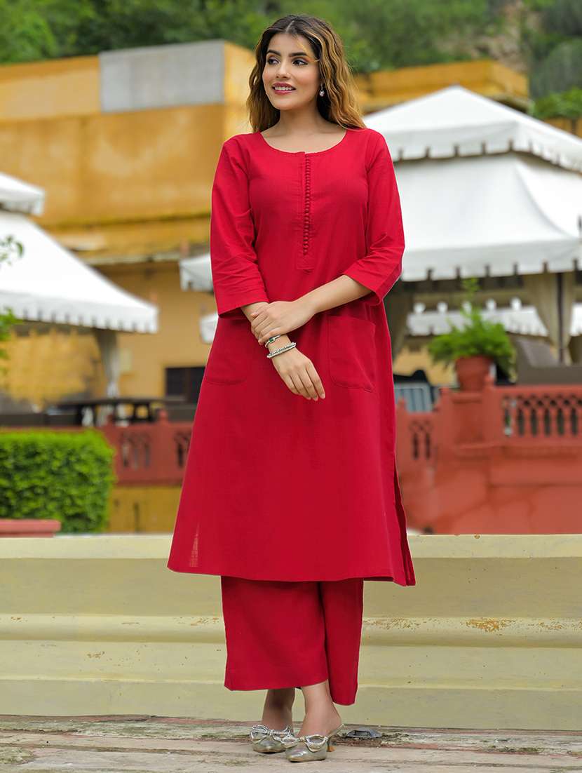 women solid three quarter sleeve kurta palazzo set