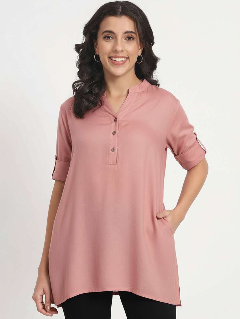 women solid mandarin neck tunic