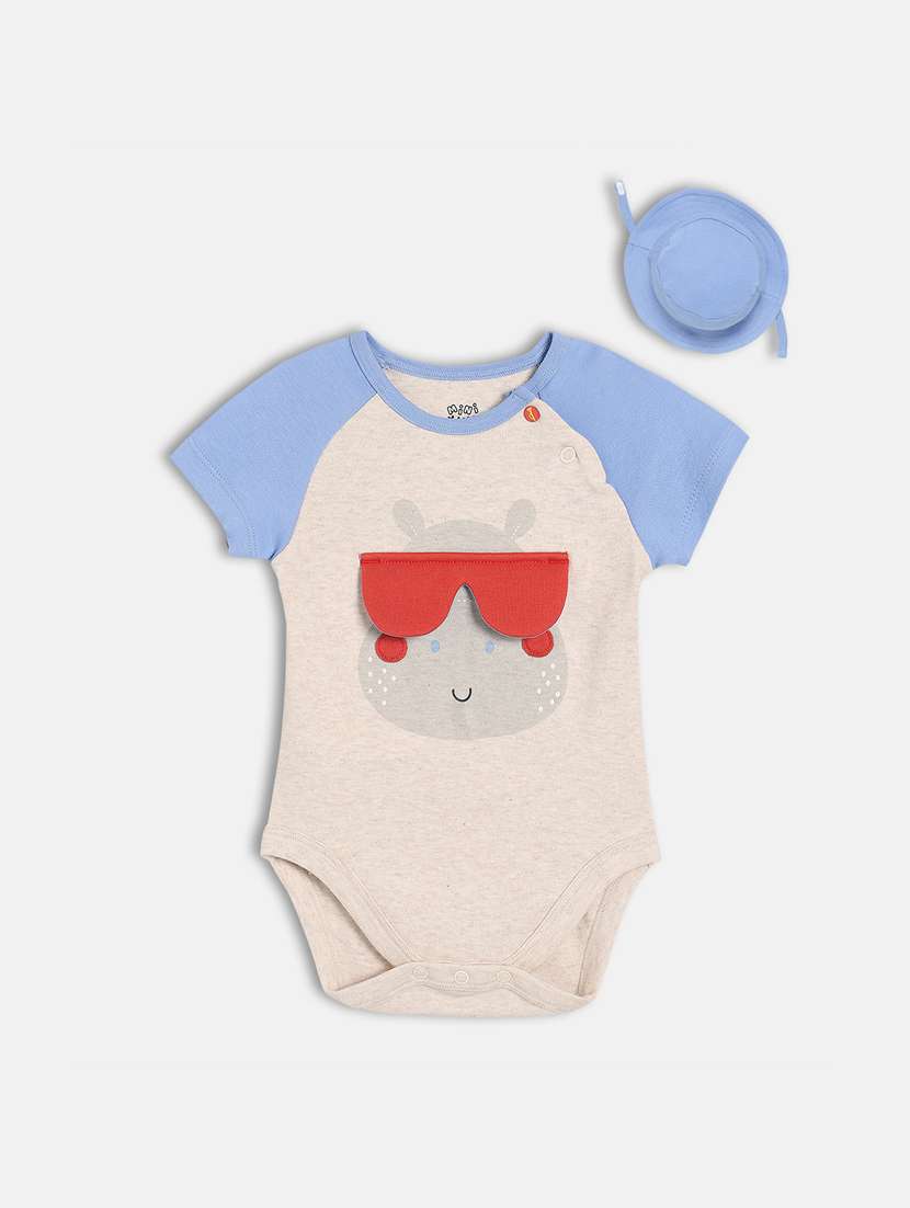 kids printed round neck onesies with cap