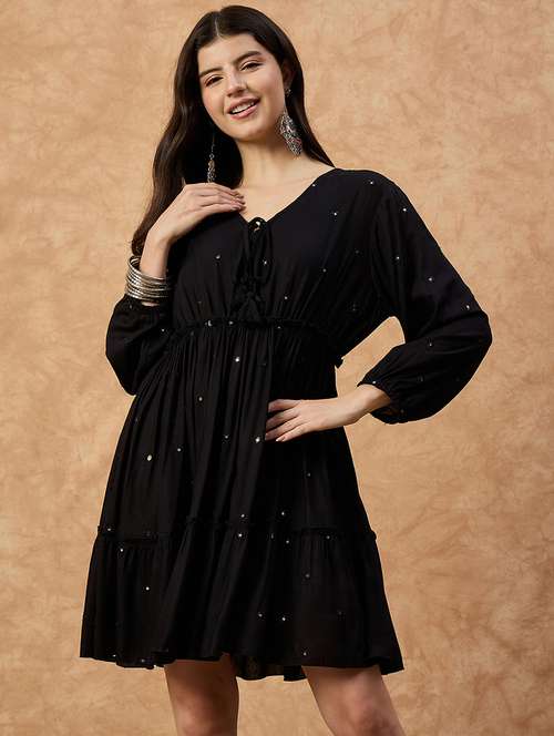 women solid puff sleeve tiered dress - 22109406 -  Standard Image - 0