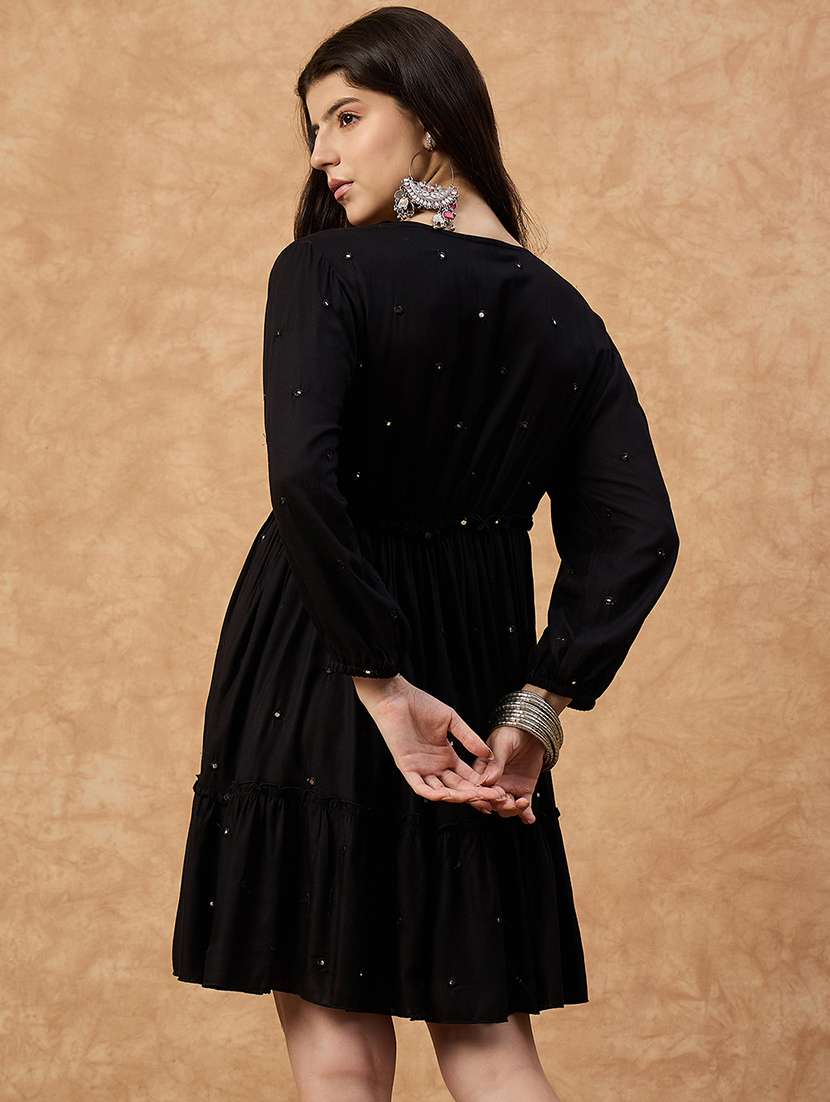 women solid puff sleeve tiered dress - 22109406 - Standard Image - 2