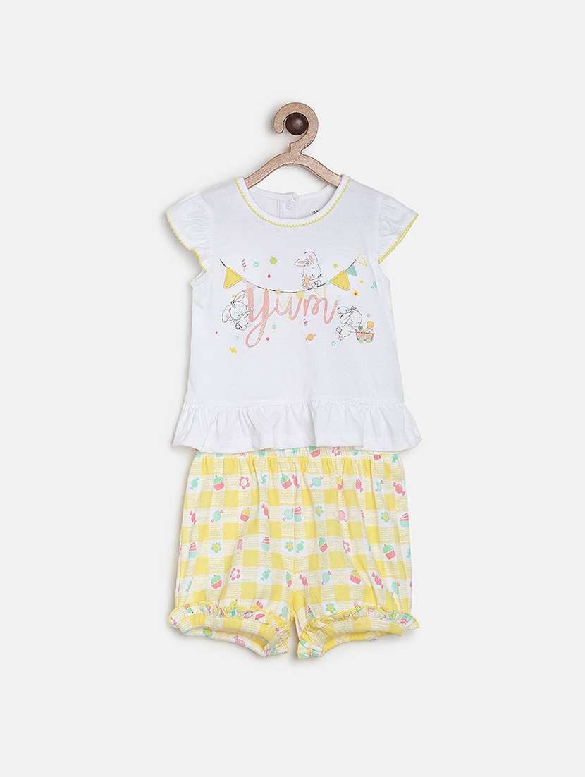 girls printed round neck shorts set