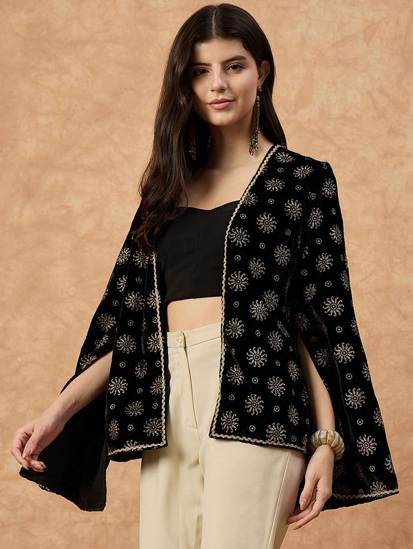 women foil printed long sleeve ethnic shrug - 22110796 - Standard Image - 2