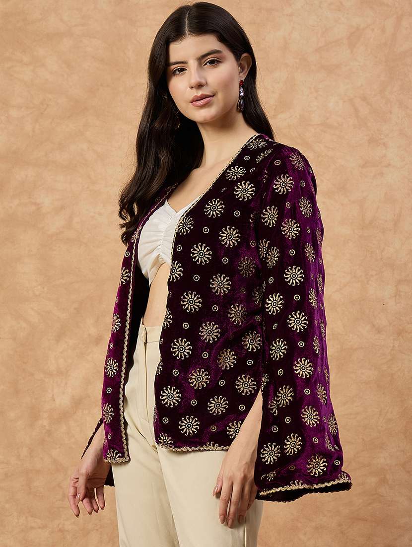 multi colored velvet women foil printed long sleeve ethnic shrug - 22110797 -  Standard Image - 2