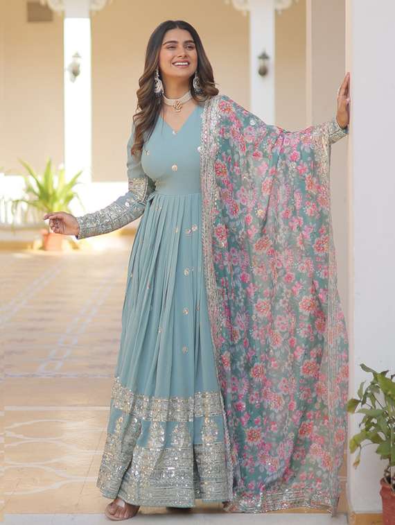 women solid with work long sleeve kurta dupatta set - 22112104 -  Standard Image - 2