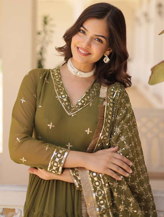 women solid with work long sleeve kurta dupatta set - 22112125 -  Standard Image - 2