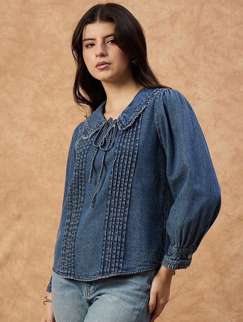 women solid puff sleeve denim top - 22112134 - Standard Image - 2