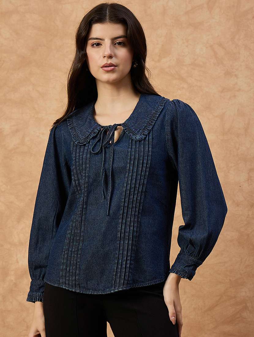 women solid puff sleeve denim top