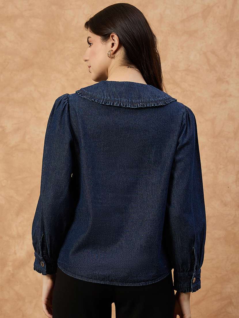 women solid puff sleeve denim top - 22112135 - Standard Image - 2