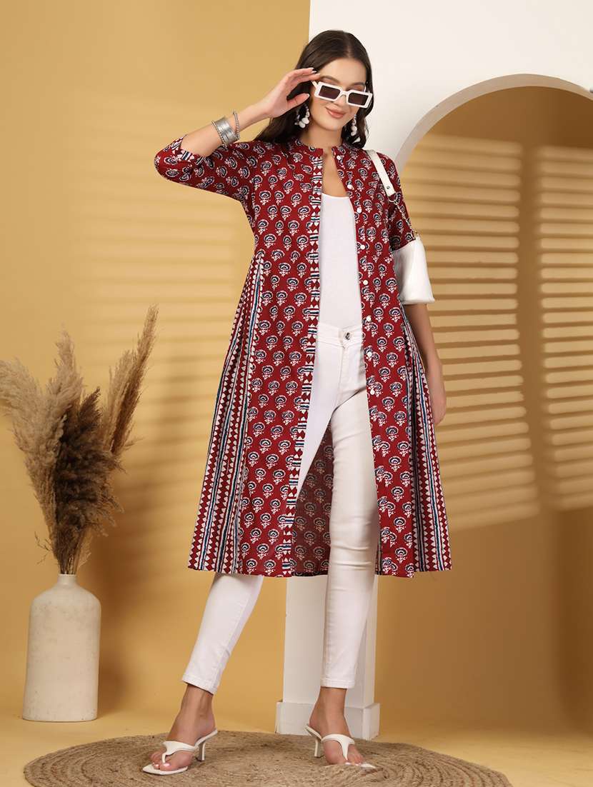 women printed three quarter sleeve ethnic jacket