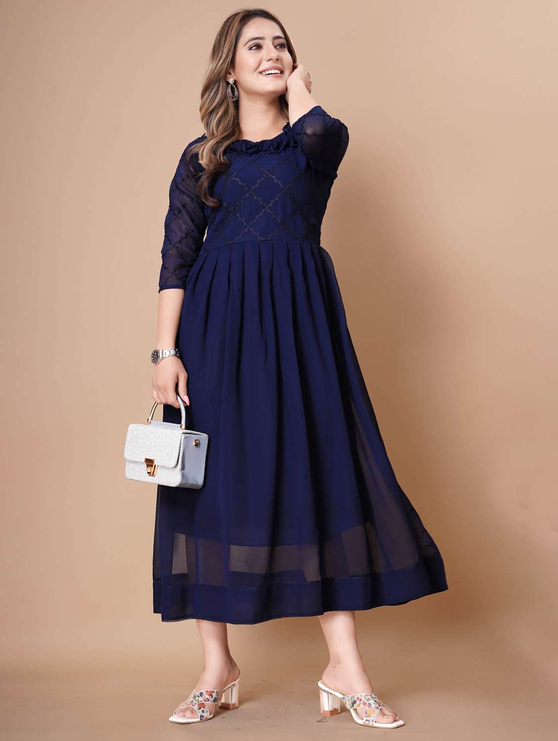 women embroidered three quarter sleeve fit & flare dress