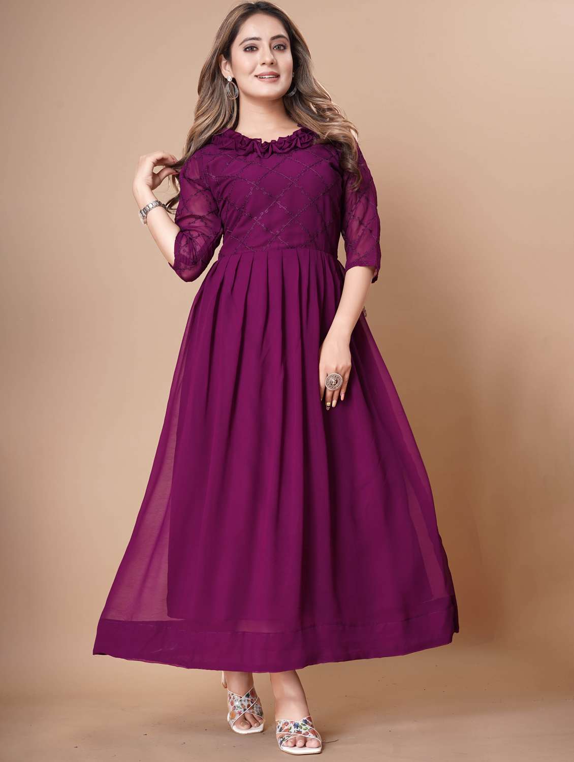 women embroidered three quarter sleeve fit & flare dress - 22112352 -  Standard Image - 2