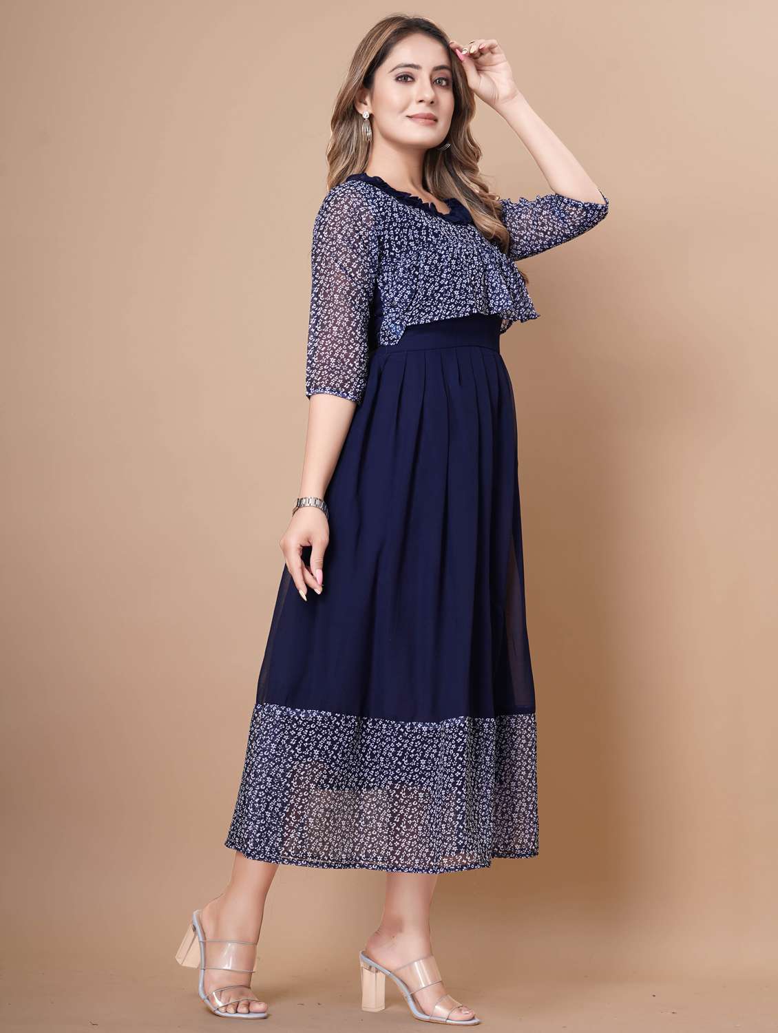 women printed three quarter sleeve tiered dress - 22112354 -  Standard Image - 2