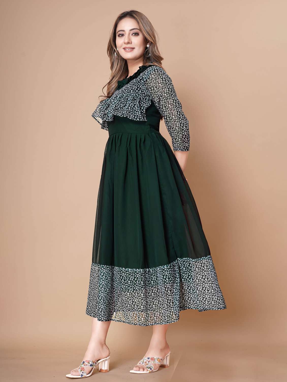 women printed three quarter sleeve tiered dress - 22112355 -  Standard Image - 2