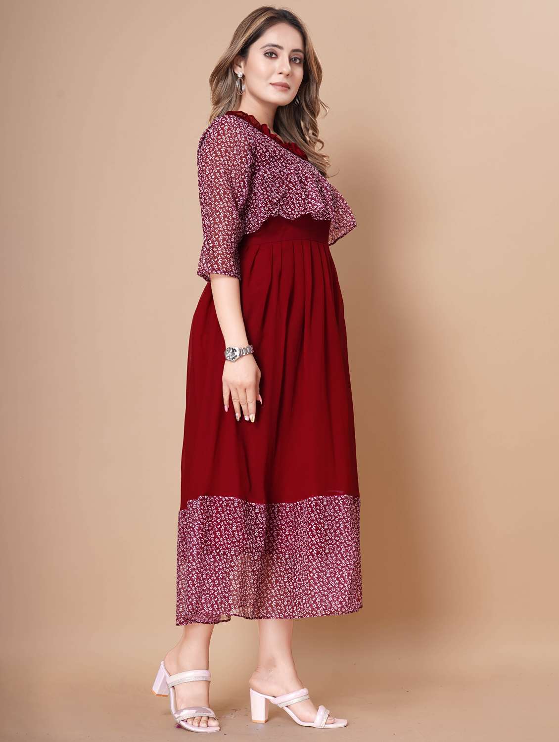 women printed three quarter sleeve tiered dress - 22112356 -  Standard Image - 2