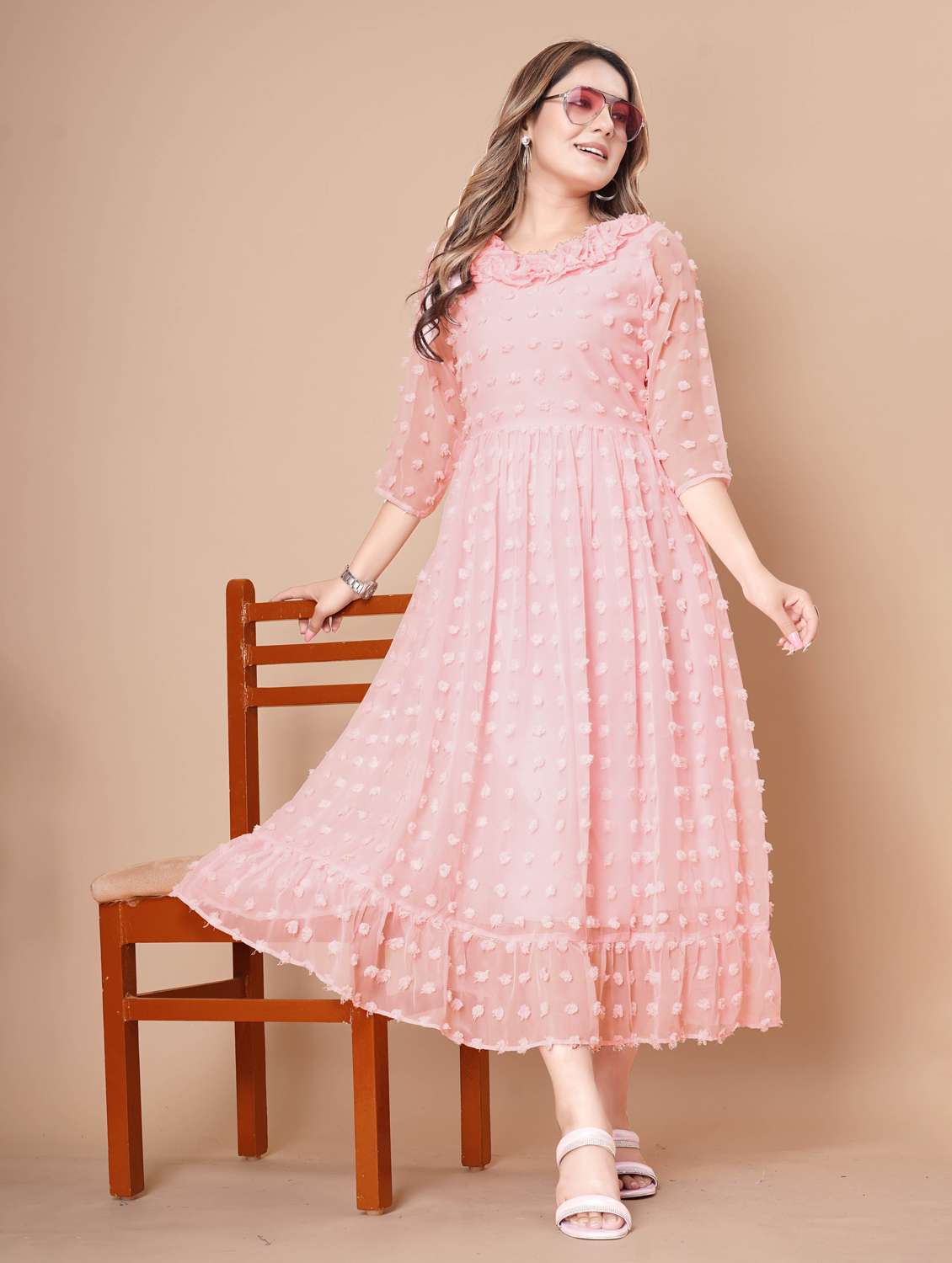 women self designed three quarter sleeve dress