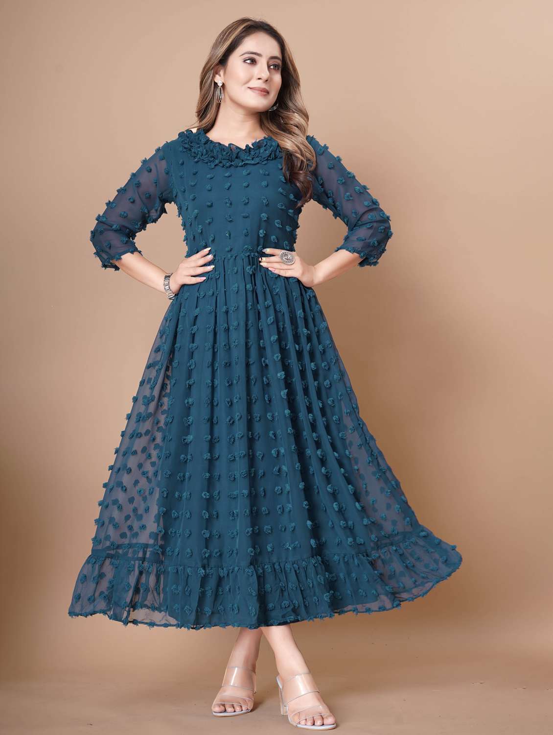 women self designed three quarter sleeve dress - 22112360 -  Standard Image - 2