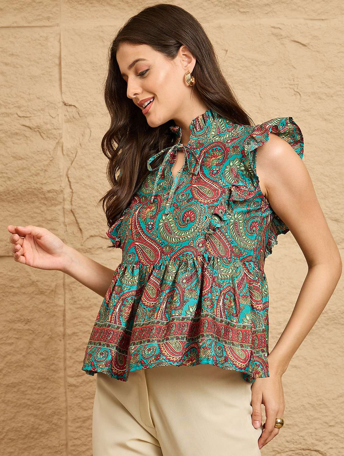 women printed sleeveless peplum top - 22112475 -  Standard Image - 2