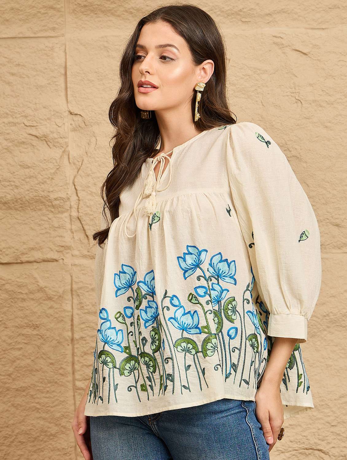 women embroidered puff sleeve a-line top  - 22112490 -  Standard Image - 2