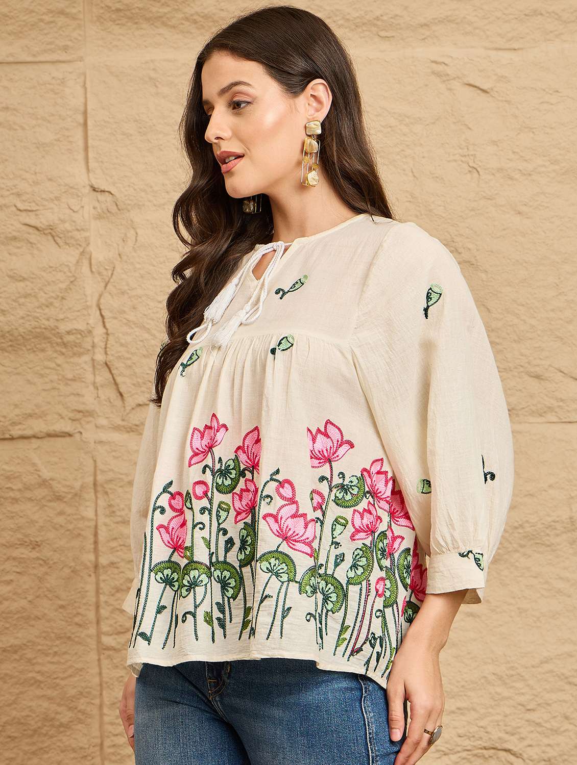 women embroidered puff sleeve a-line top  - 22112491 -  Standard Image - 2